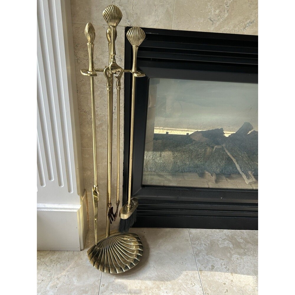 Vintage Brass Seashell Fireplace 3 Piece Tool Set (34”H)
